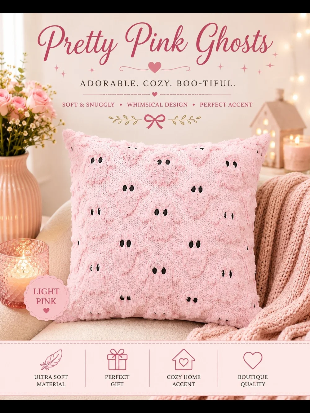 Pretty Pink Ghosts Plush Throw Pillow - Light Pink With Insert